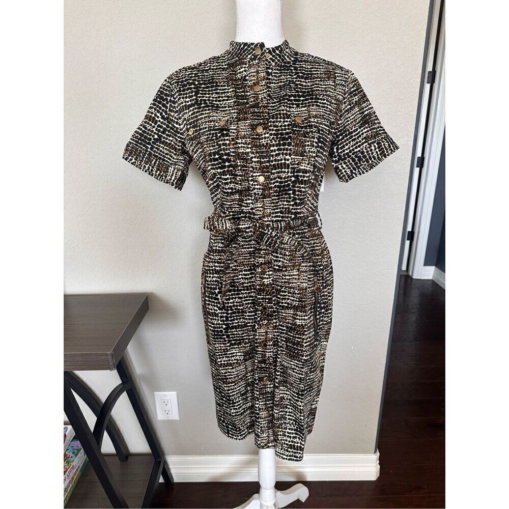 Calvin‎ Klein Brown Black Abstract Print Short Sleeve Belted Shirt Dress Size 6
